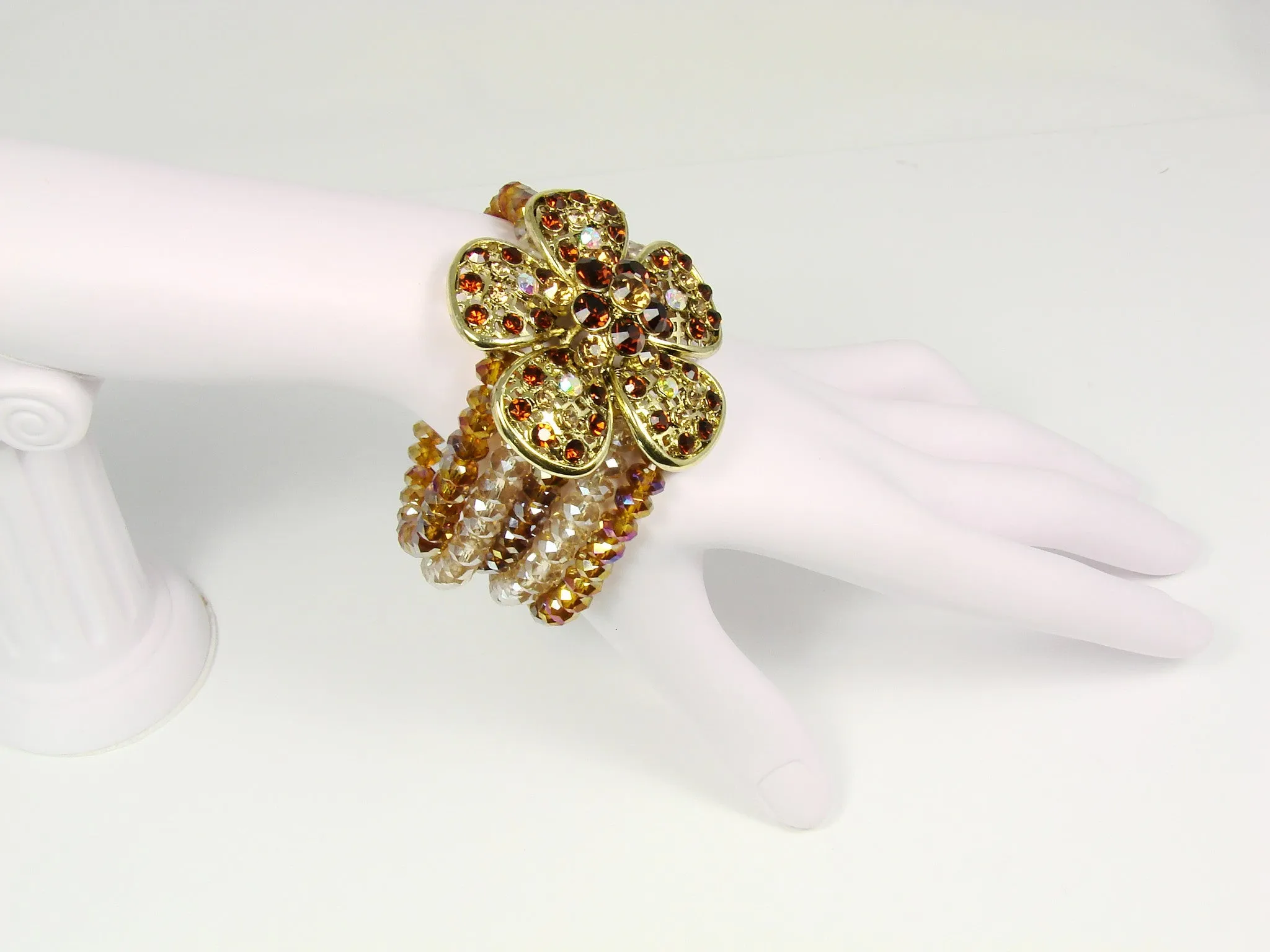 Beaded Flower Bracelet Strech Multiple Strands Rhinestones