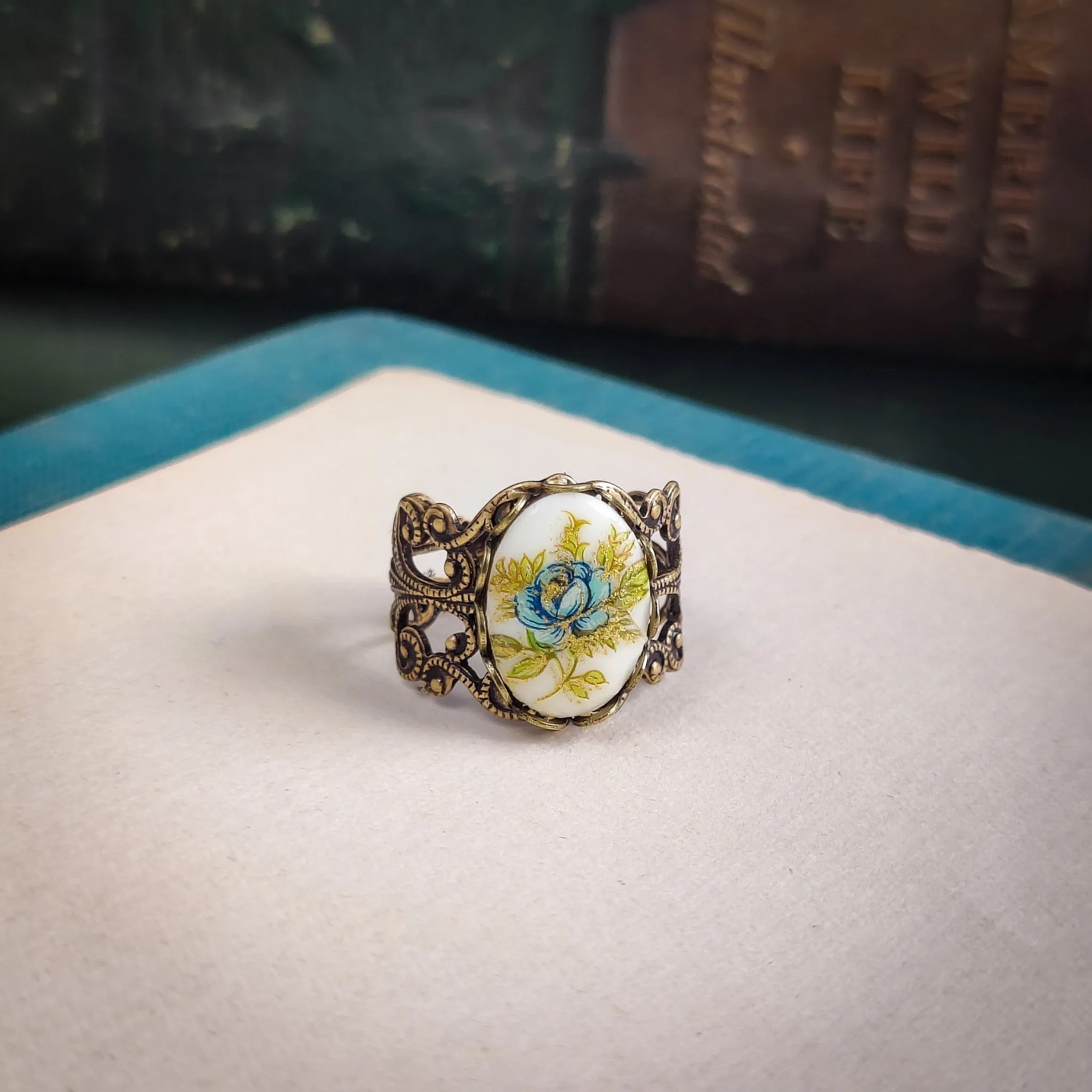 Blue Rose Cameo Ring on Vintage Style Filigree Adjustable Ring in Silver or Brass Choose from Pink, Blue, or Yellow