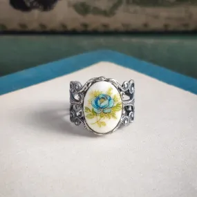 Blue Rose Cameo Ring on Vintage Style Filigree Adjustable Ring in Silver or Brass Choose from Pink, Blue, or Yellow