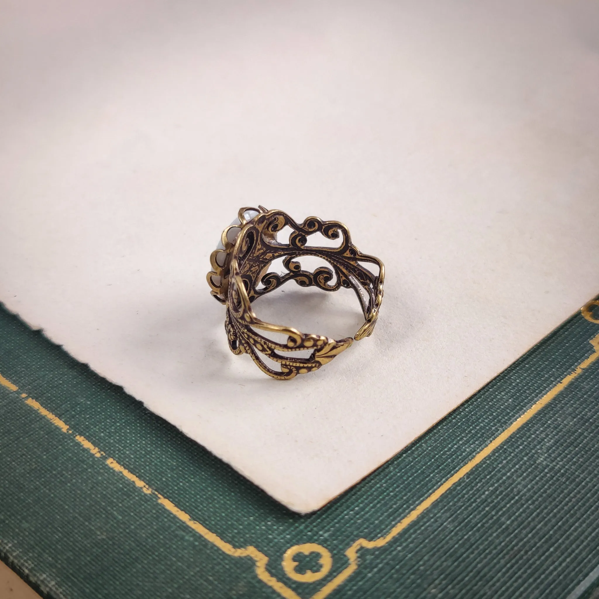 Blue Rose Cameo Ring on Vintage Style Filigree Adjustable Ring in Silver or Brass Choose from Pink, Blue, or Yellow