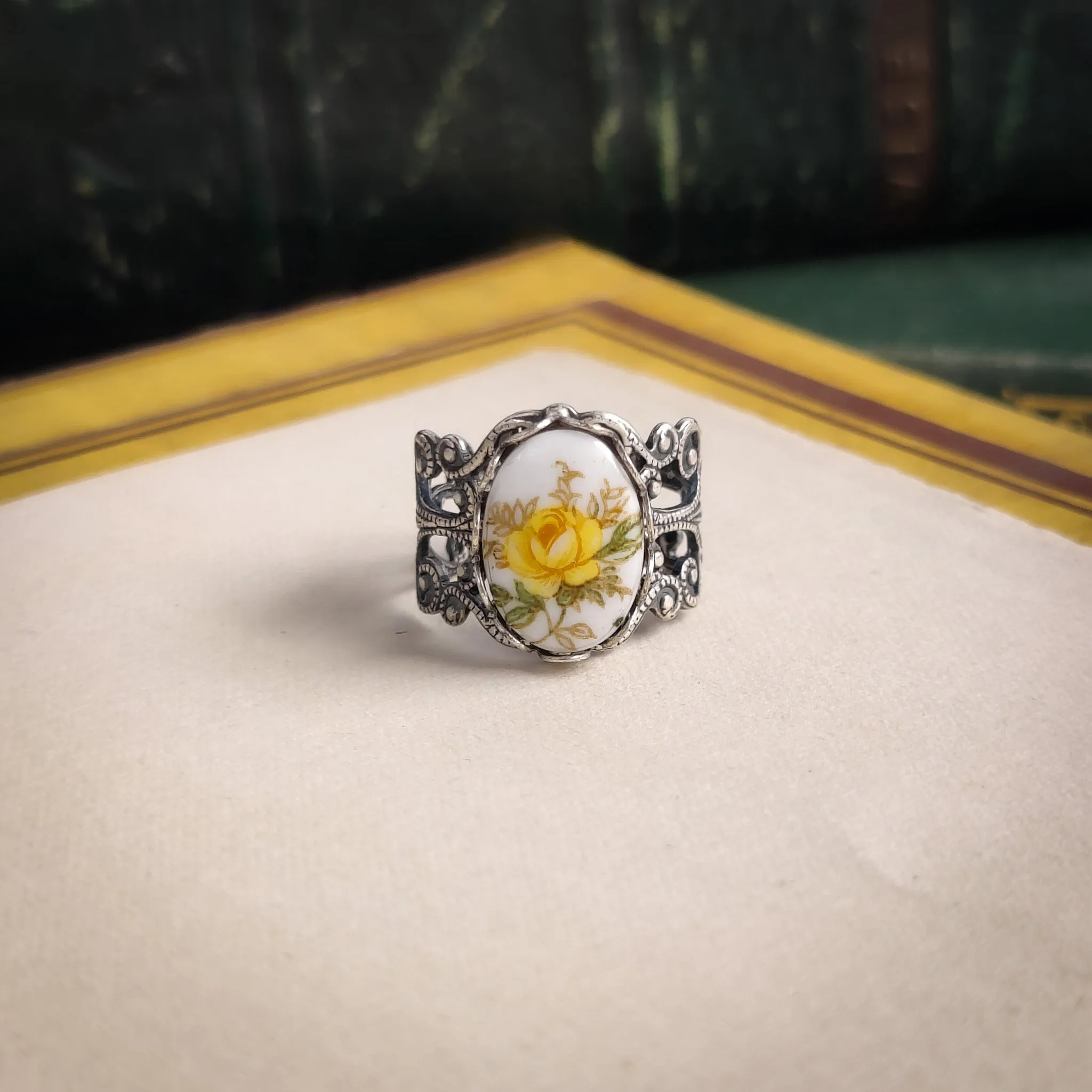 Blue Rose Cameo Ring on Vintage Style Filigree Adjustable Ring in Silver or Brass Choose from Pink, Blue, or Yellow