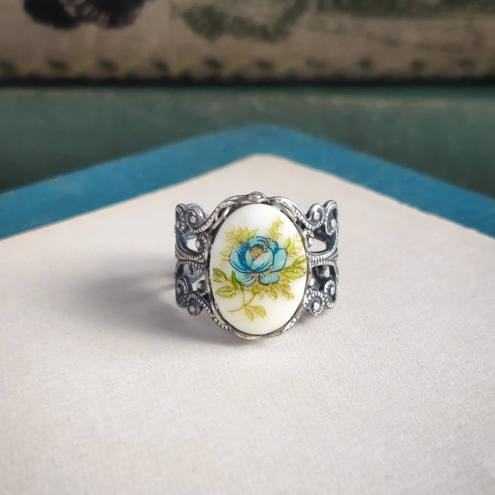 Blue Rose Cameo Ring on Vintage Style Filigree Adjustable Ring in Silver or Brass Choose from Pink, Blue, or Yellow