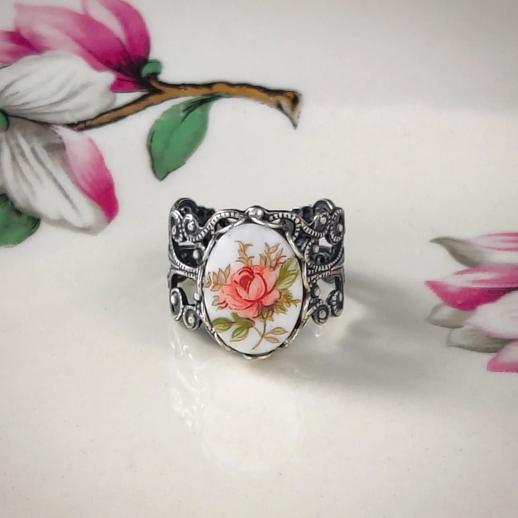 Blue Rose Cameo Ring on Vintage Style Filigree Adjustable Ring in Silver or Brass Choose from Pink, Blue, or Yellow
