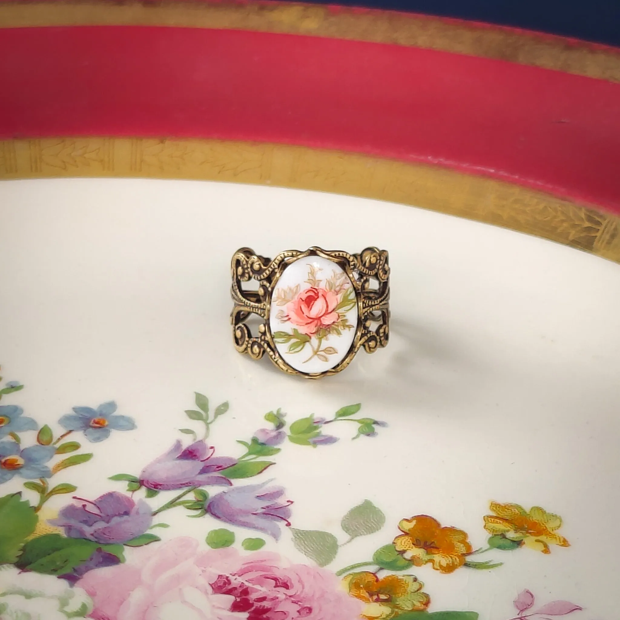 Blue Rose Cameo Ring on Vintage Style Filigree Adjustable Ring in Silver or Brass Choose from Pink, Blue, or Yellow
