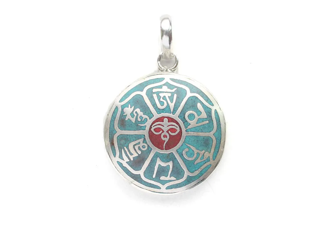 Buddha Eyes and Om Mani Mantra Inlaid White Metal Pendant
