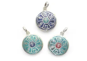 Buddha Eyes and Om Mani Mantra Inlaid White Metal Pendant
