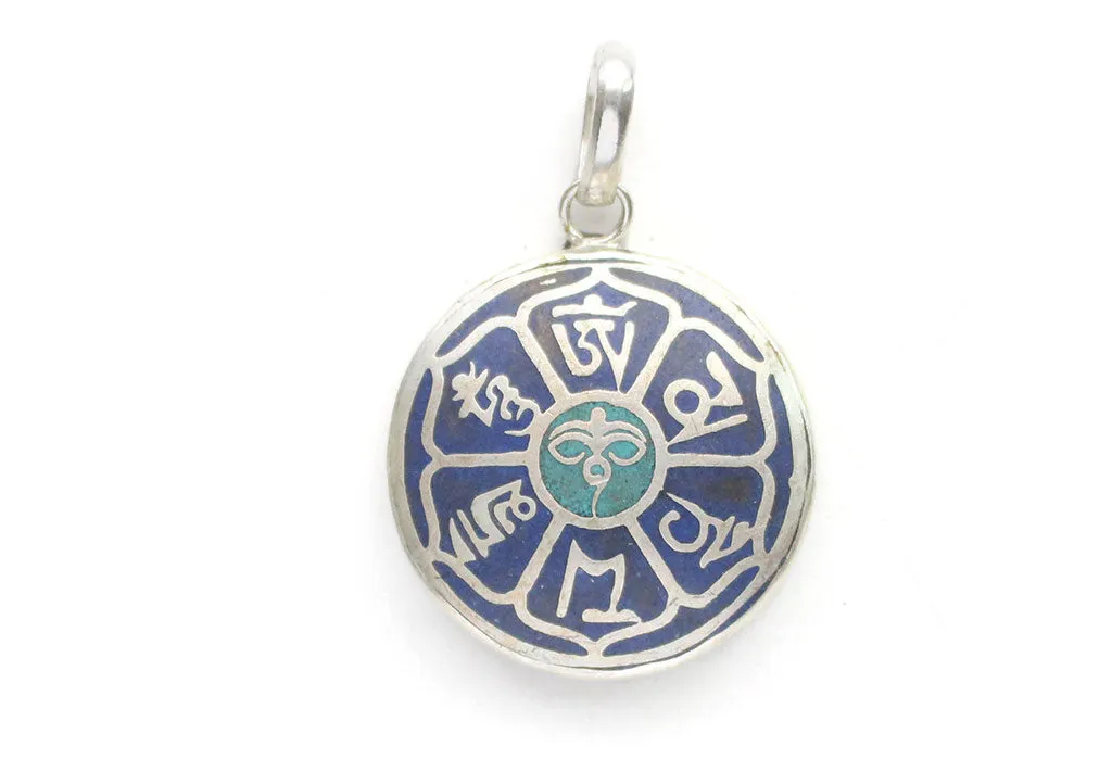 Buddha Eyes and Om Mani Mantra Inlaid White Metal Pendant