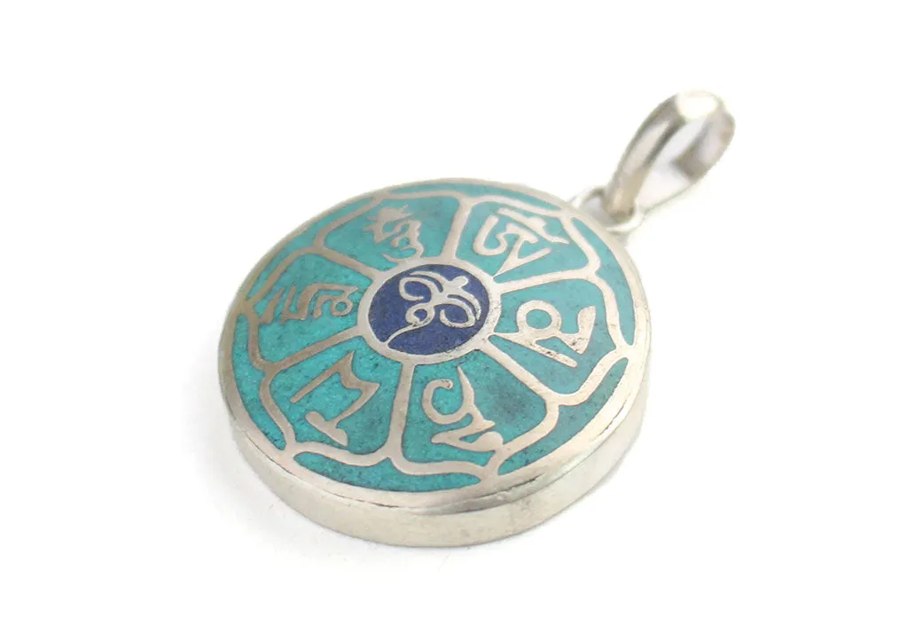 Buddha Eyes and Om Mani Mantra Inlaid White Metal Pendant
