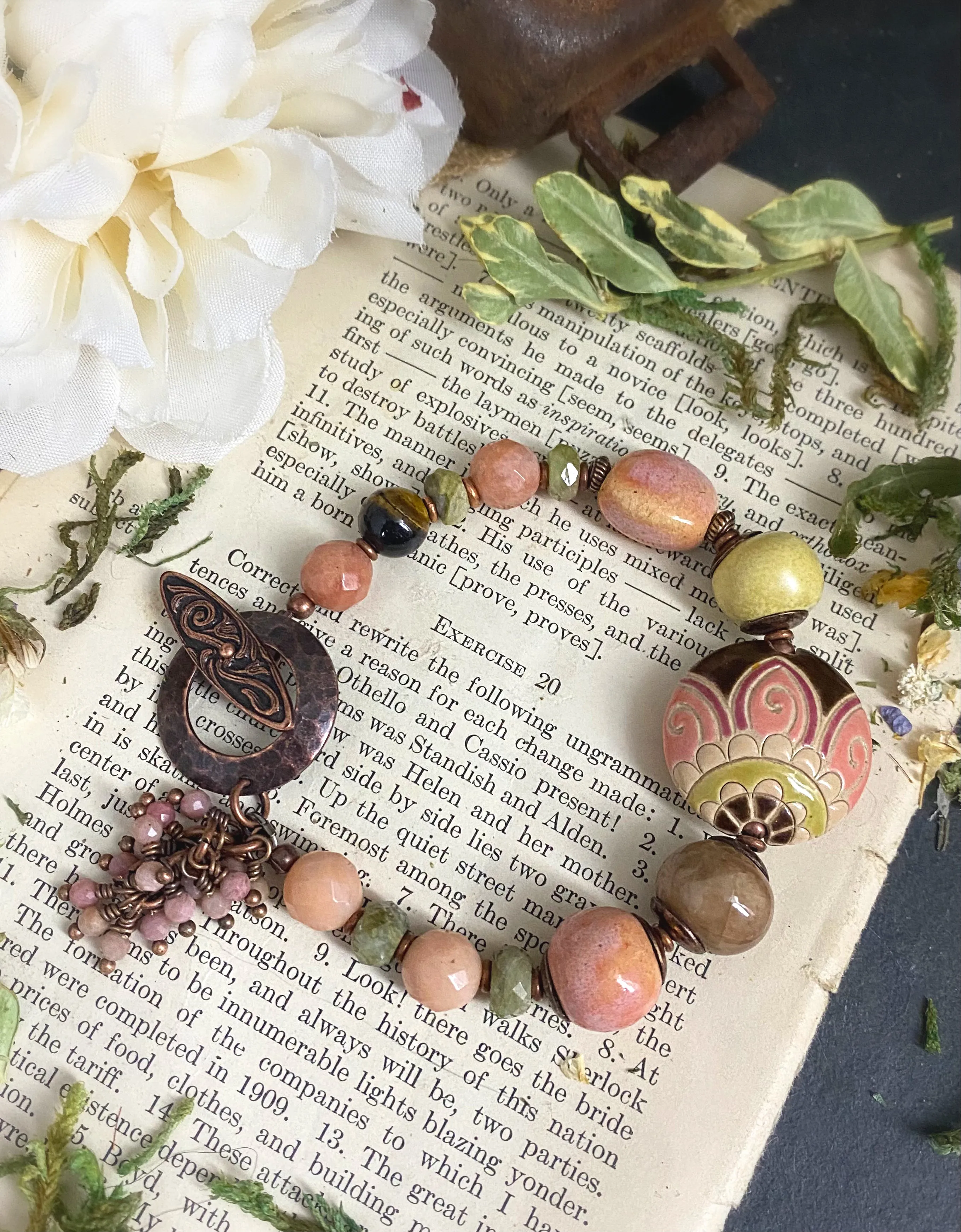 Ceramic beads, pink opal stone, green tourmaline, copper metal bracelet