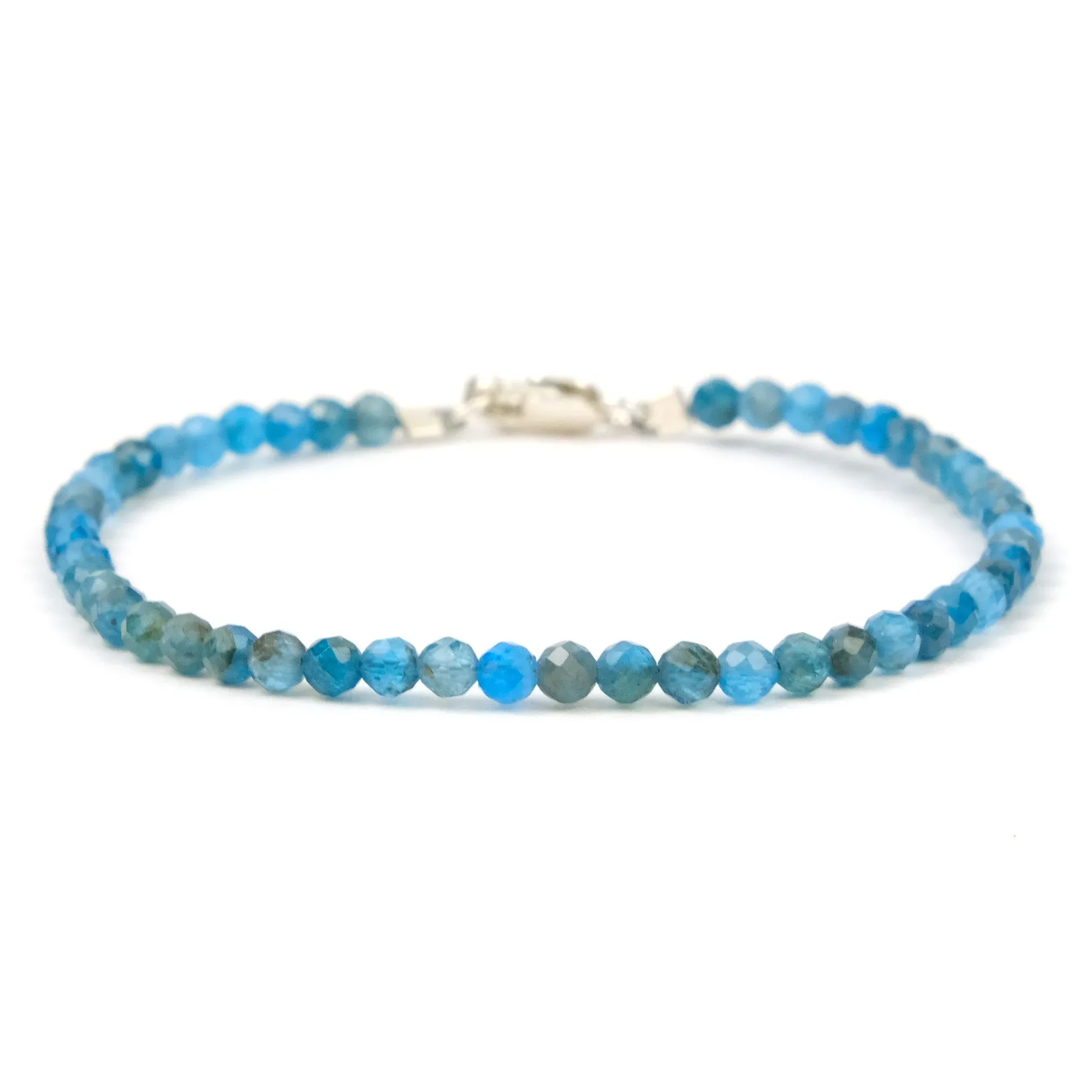 Cerulean Apatite 3mm Faceted Round Bracelet with Sterling Silver Lobster Claw Clasp