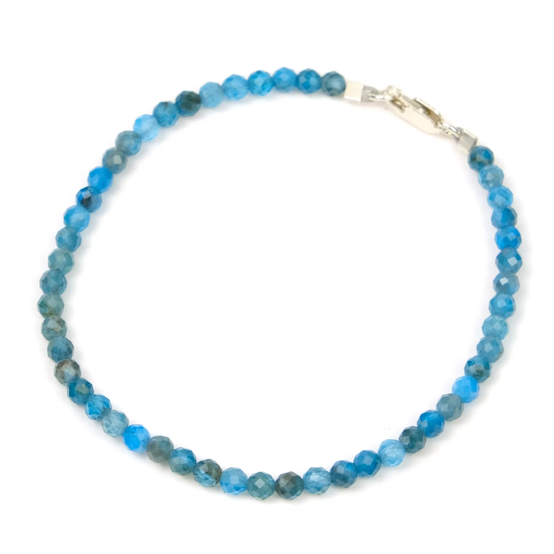 Cerulean Apatite 3mm Faceted Round Bracelet with Sterling Silver Lobster Claw Clasp