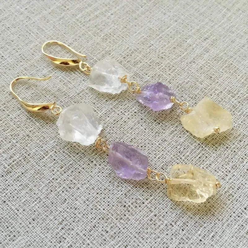 Clear Quartz Amethysts & Citrine Drop Earrings