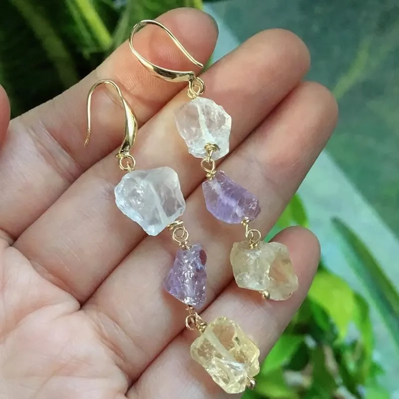 Clear Quartz Amethysts & Citrine Drop Earrings