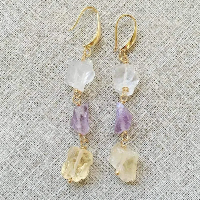 Clear Quartz Amethysts & Citrine Drop Earrings