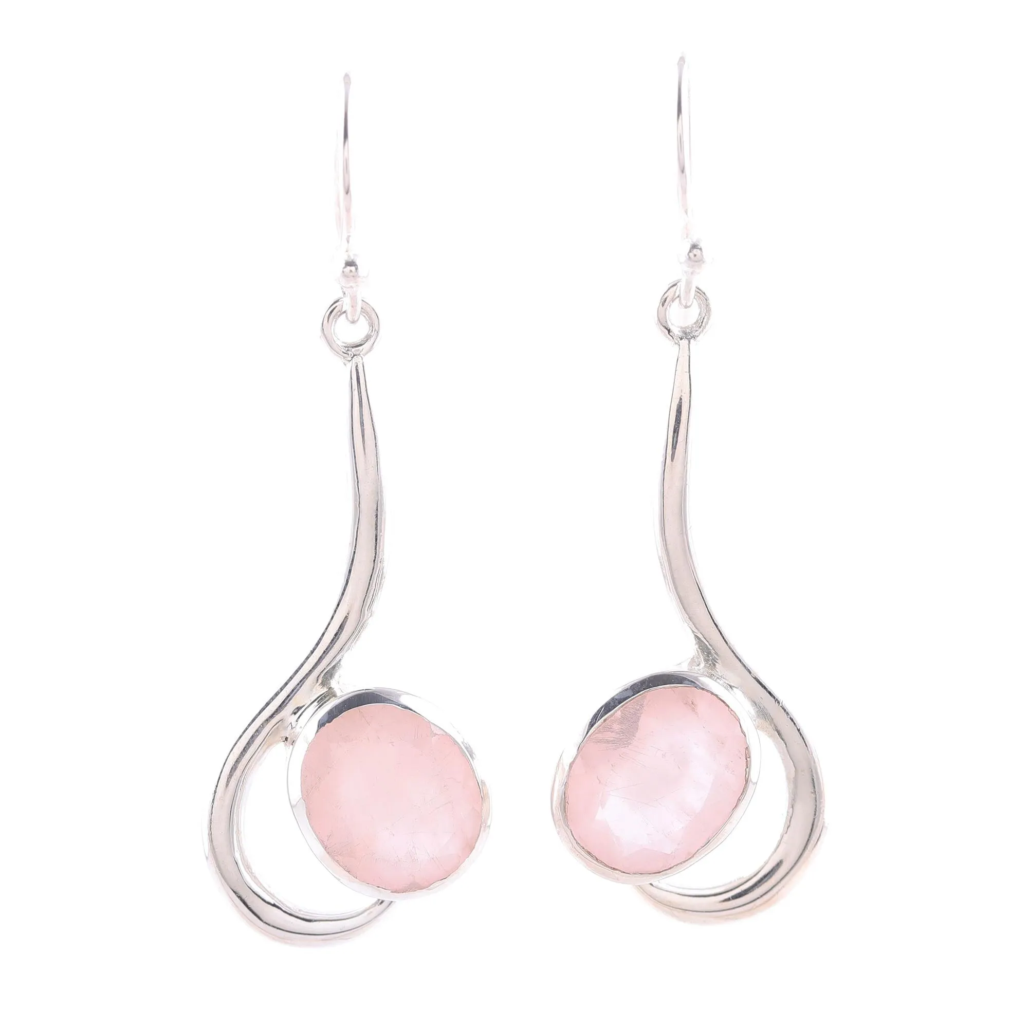 Cool Sabarmati Rose Quartz Ovals Set In Sterling Silver Arc Dangle Earrings