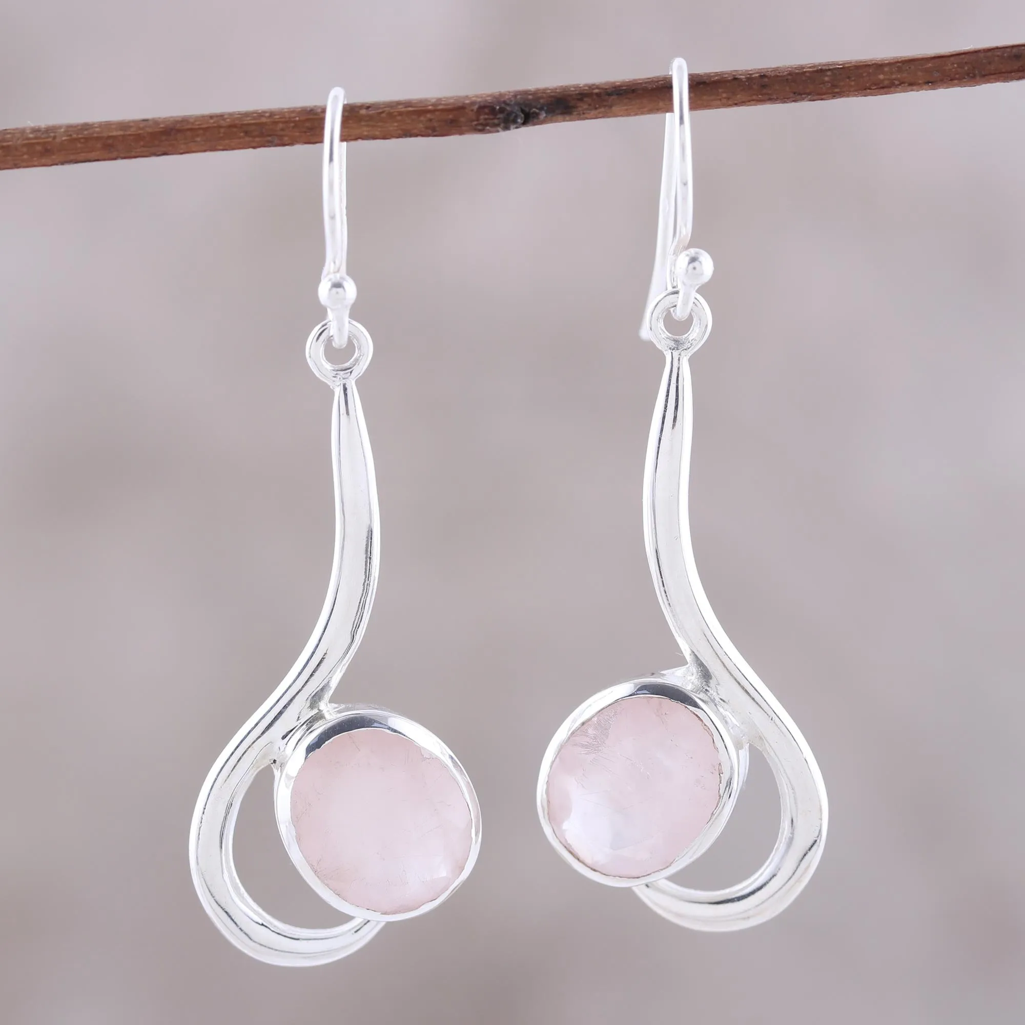 Cool Sabarmati Rose Quartz Ovals Set In Sterling Silver Arc Dangle Earrings