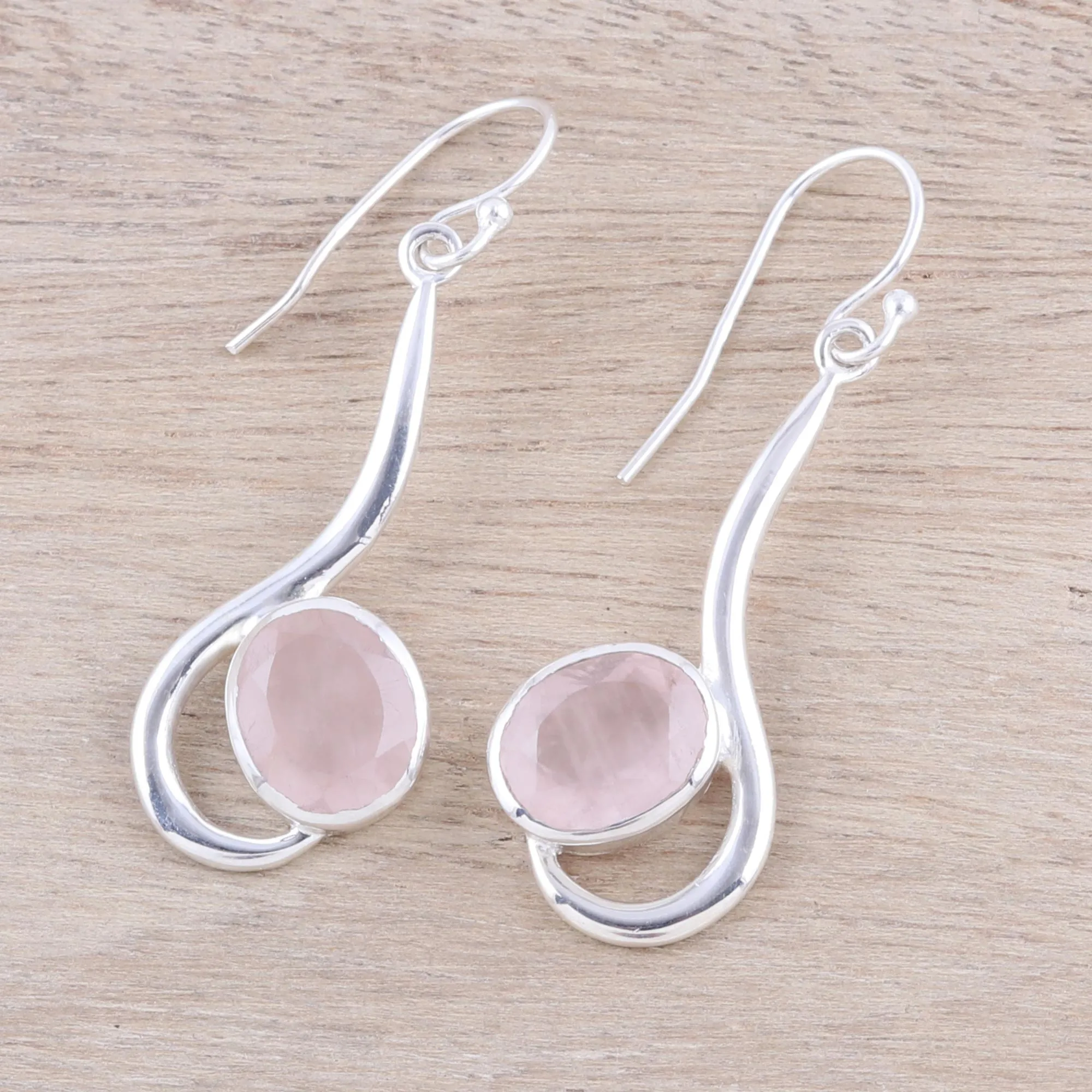 Cool Sabarmati Rose Quartz Ovals Set In Sterling Silver Arc Dangle Earrings