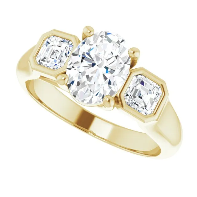 Cubic Zirconia Engagement Ring- The Alana Marie (Customizable 3-stone Cathedral Oval Cut Design with Twin Asscher Cut Side Stones)