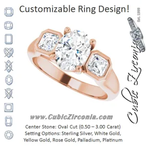 Cubic Zirconia Engagement Ring- The Alana Marie (Customizable 3-stone Cathedral Oval Cut Design with Twin Asscher Cut Side Stones)