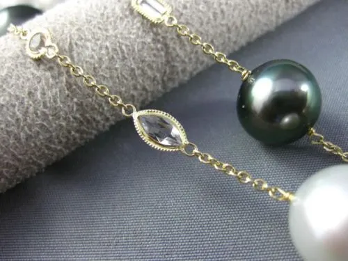 ESTATE LONG 14KT YELLOW GOLD 3D QUARTZ & MULTI COLOR PEARL BY THE YARD NECKLACE