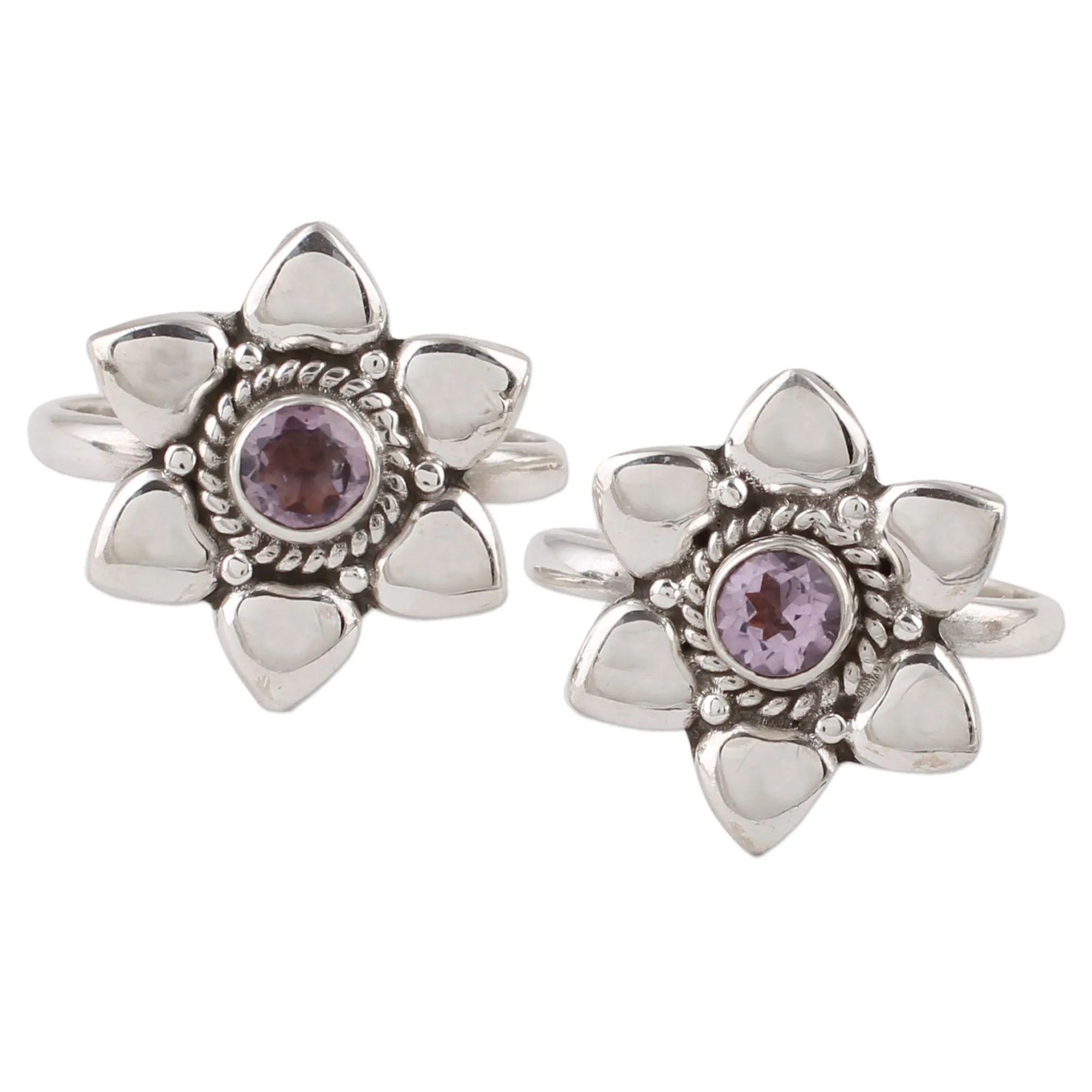 Floral Gleam Two Floral Amethyst and 925 Silver Toe Rings from India