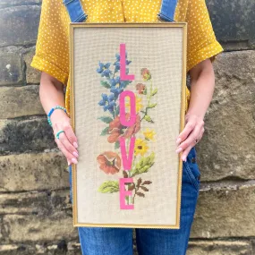 Framed Vintage Floral Cross Stitch with Pink Flock LOVE