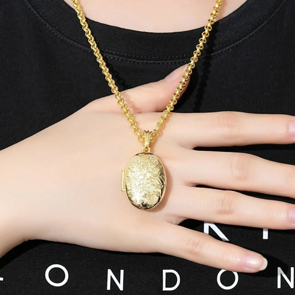 Gold Oval Locket with Floral Design 22 Inch 4mm Belcher Chain