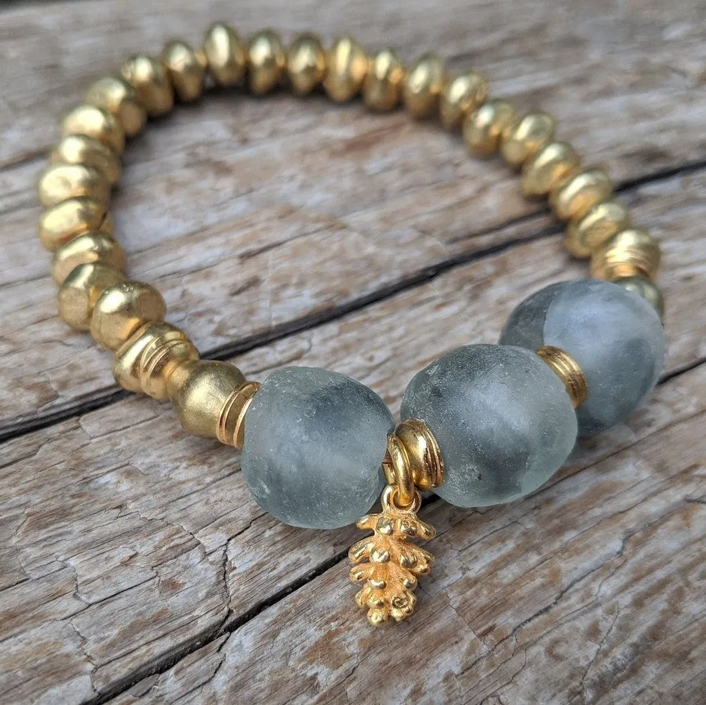 Gray Sea Glass Elastic Bracelet with Pine Cone Charm