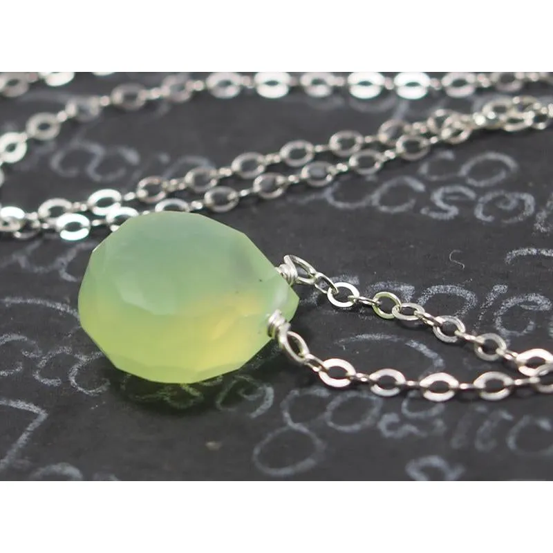 Green Apple Chalcedony Necklace On Sterling Silver Chain With Sterling Silver Lobster Claw Clasp