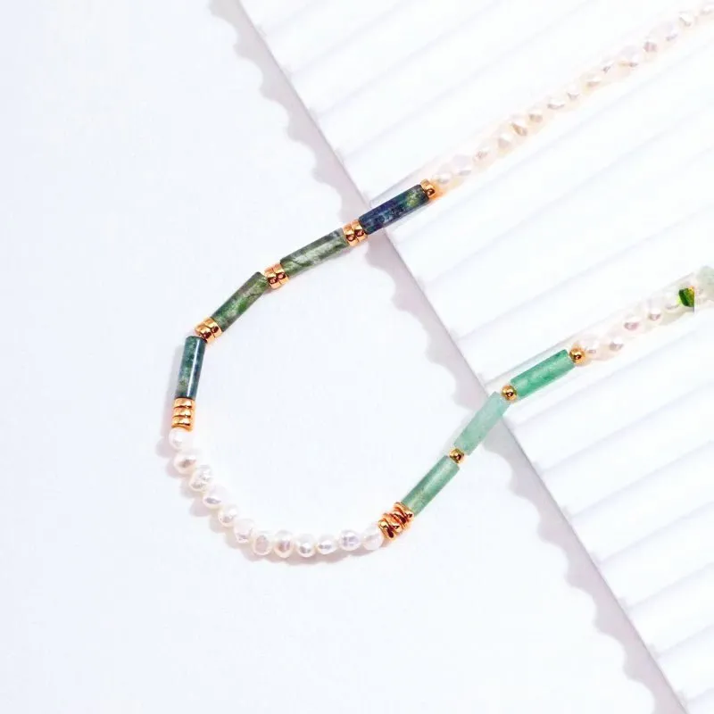 Green Strawberry Quartz Necklace with Pearls
