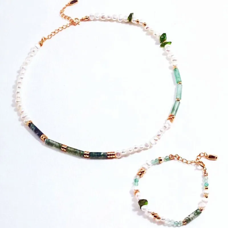 Green Strawberry Quartz Necklace with Pearls