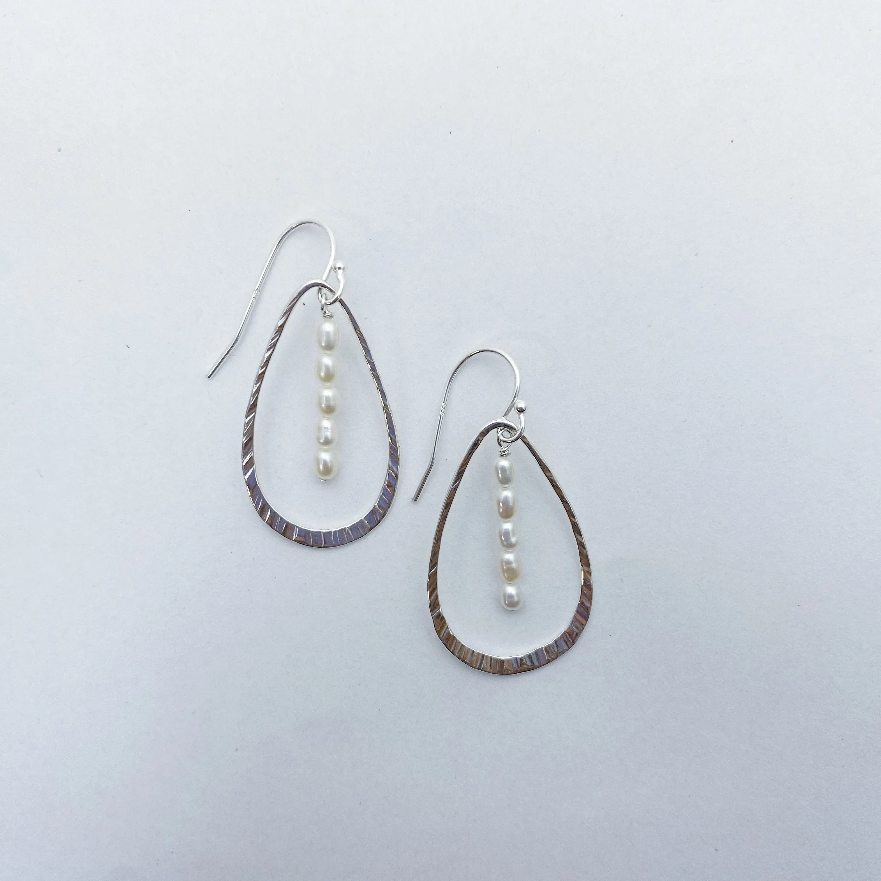 Hammered Open Leaf Pearl Dangle Earrings