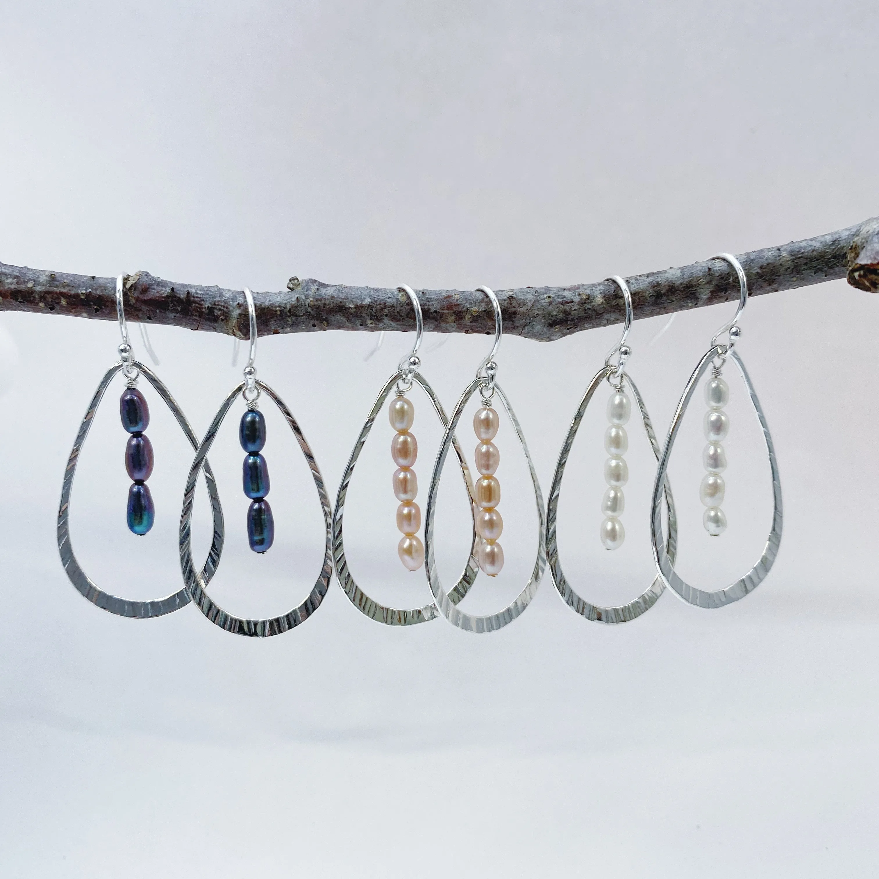 Hammered Open Leaf Pearl Dangle Earrings