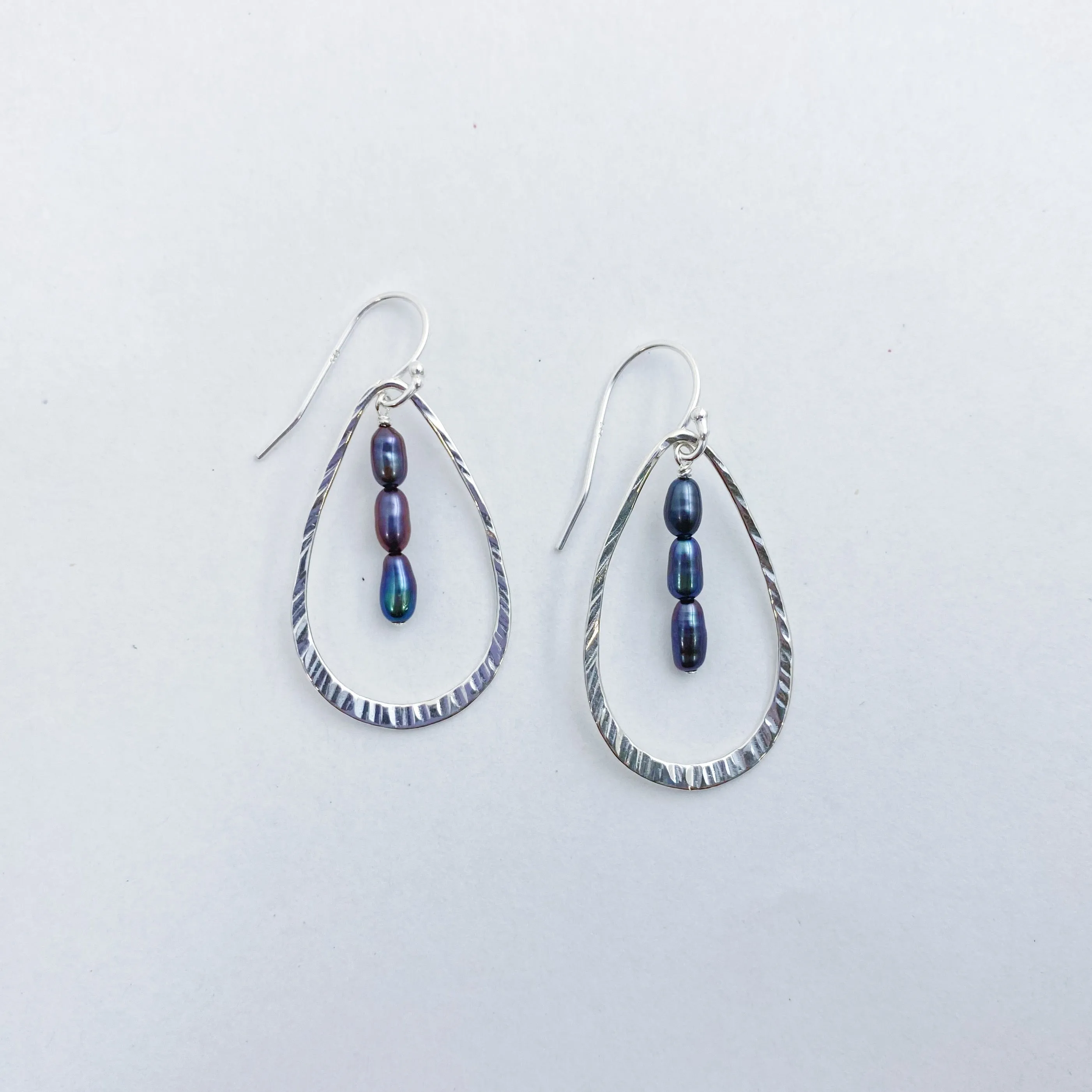 Hammered Open Leaf Pearl Dangle Earrings