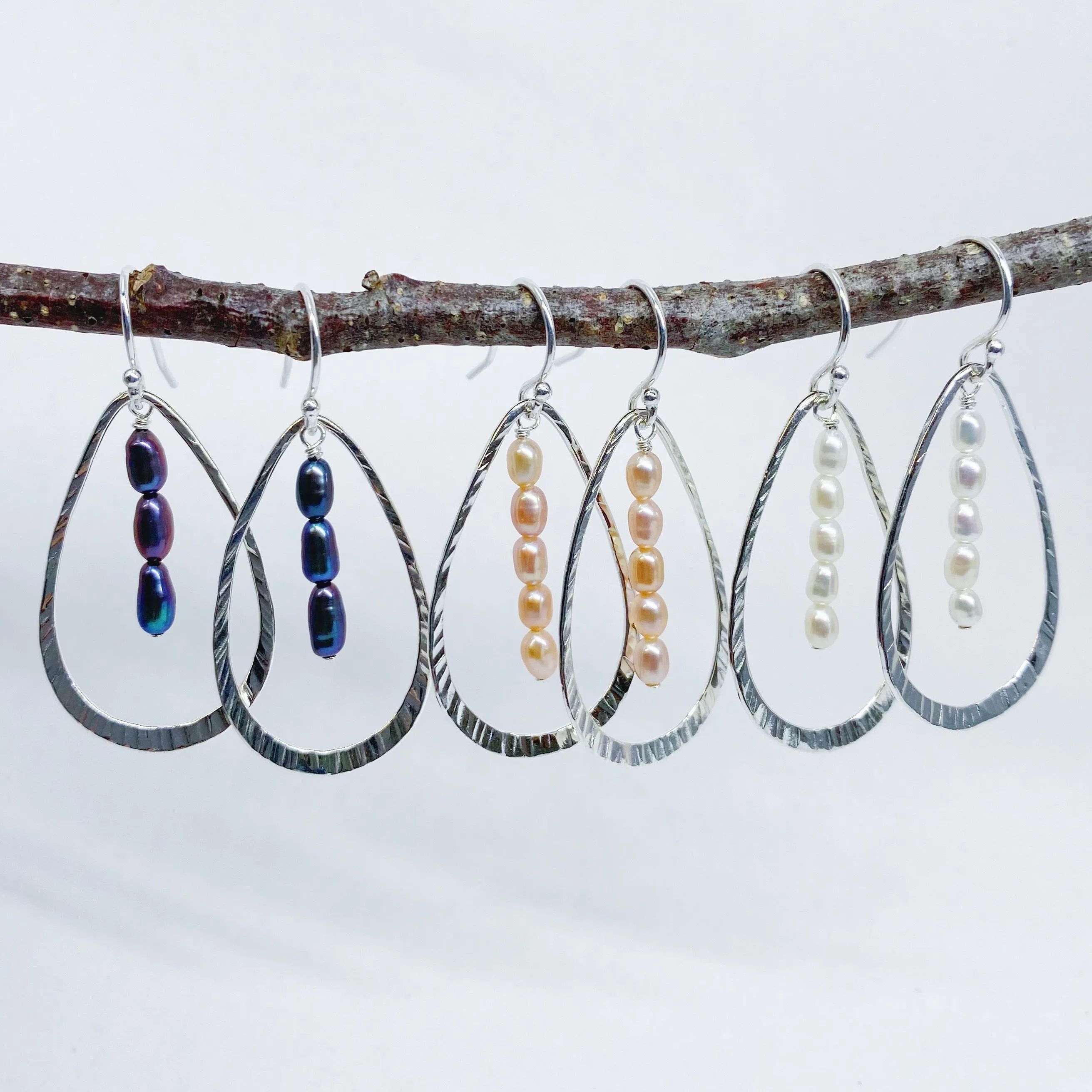 Hammered Open Leaf Pearl Dangle Earrings