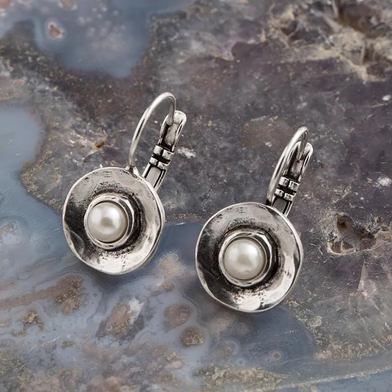 Hammered Round Pearl Earrings - Silver