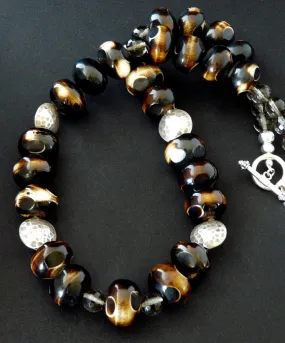 Hand-painted Tortoise Horn Bead Necklace with Smoky Quartz Rounds and Oxidized Sterling Silver Coin Beads