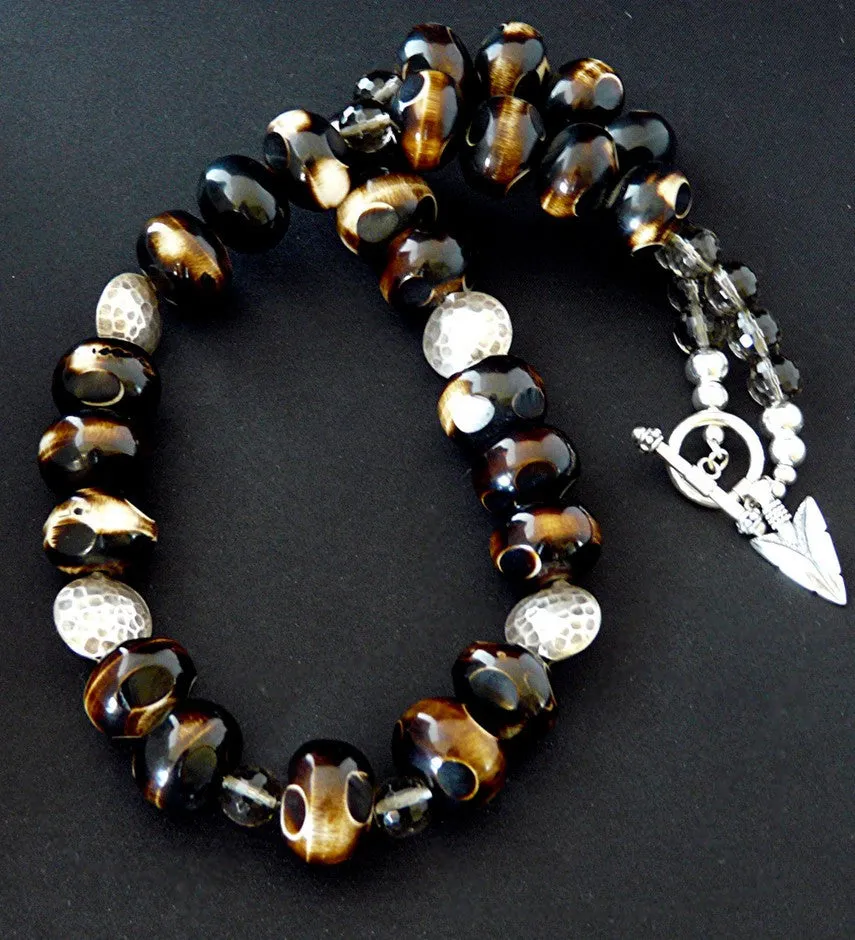 Hand-painted Tortoise Horn Bead Necklace with Smoky Quartz Rounds and Oxidized Sterling Silver Coin Beads