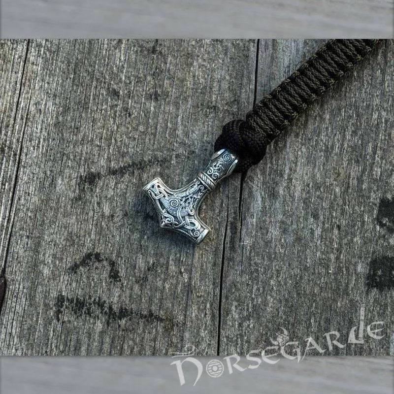 Handcrafted Dark Olive Paracord Bracelet with Mjölnir - Sterling Silver