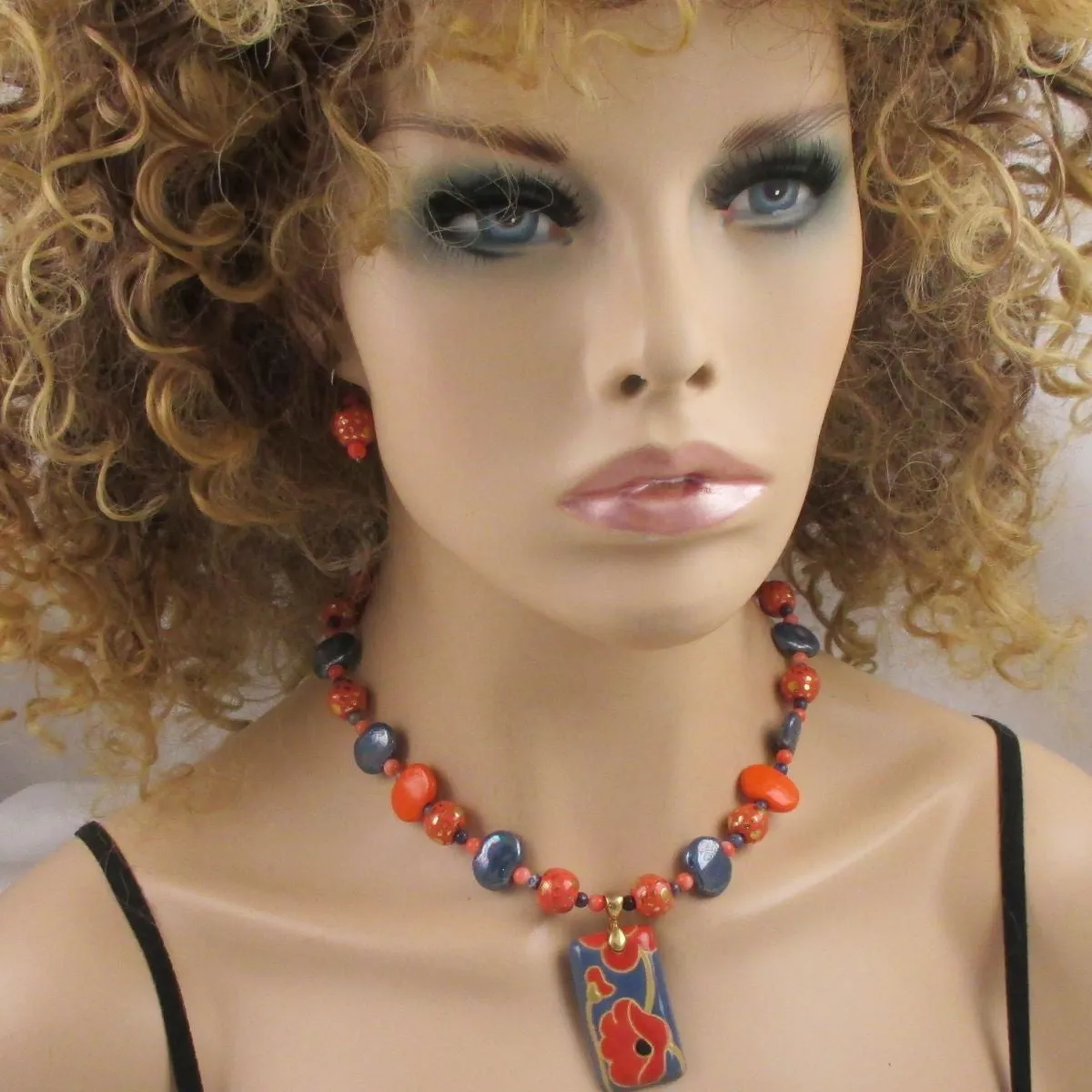 Handmade Kazuri  Fair Trade Pendant Necklace & Earrings Set
