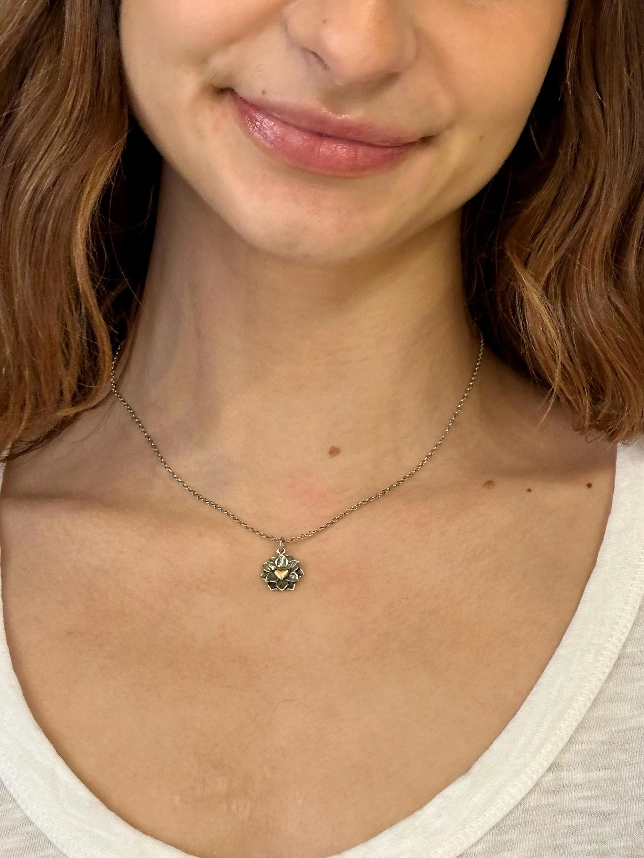 Heart in Lotus Mixed Metal Necklace