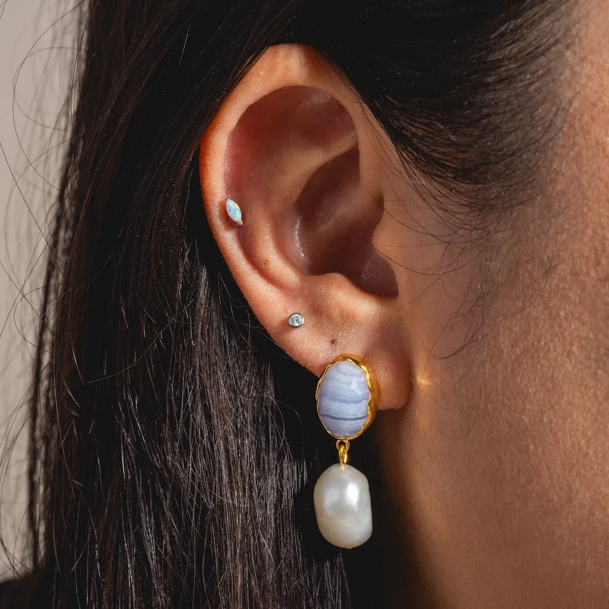 Iris Blue Lace Agate and Pearl Drop Earrings
