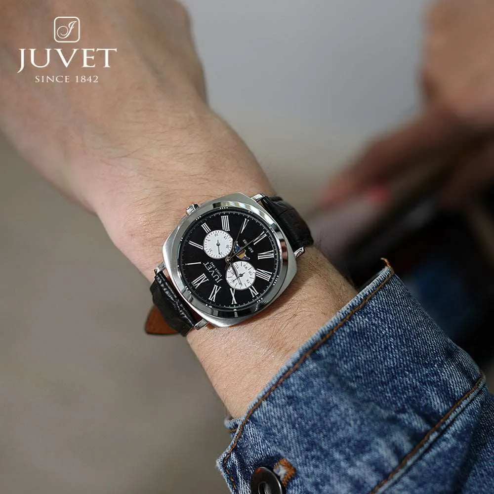 JUVET 7007 Luxury Swiss Day Date Watch with Moon Phase Waterproof - Deep Black A2