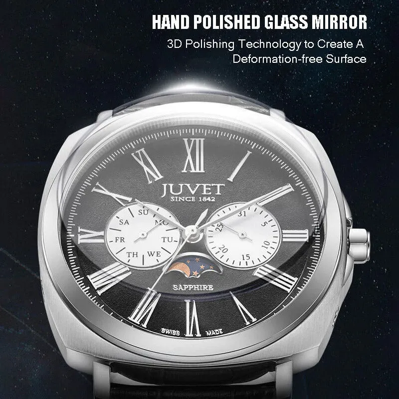 JUVET 7007 Luxury Swiss Day Date Watch with Moon Phase Waterproof - Deep Black A2