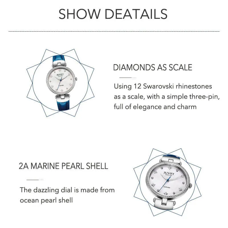 JUVET 7010 Classic Diamond Accent Watch with Pearl Face 30m Waterproof - Elegant Blue A4