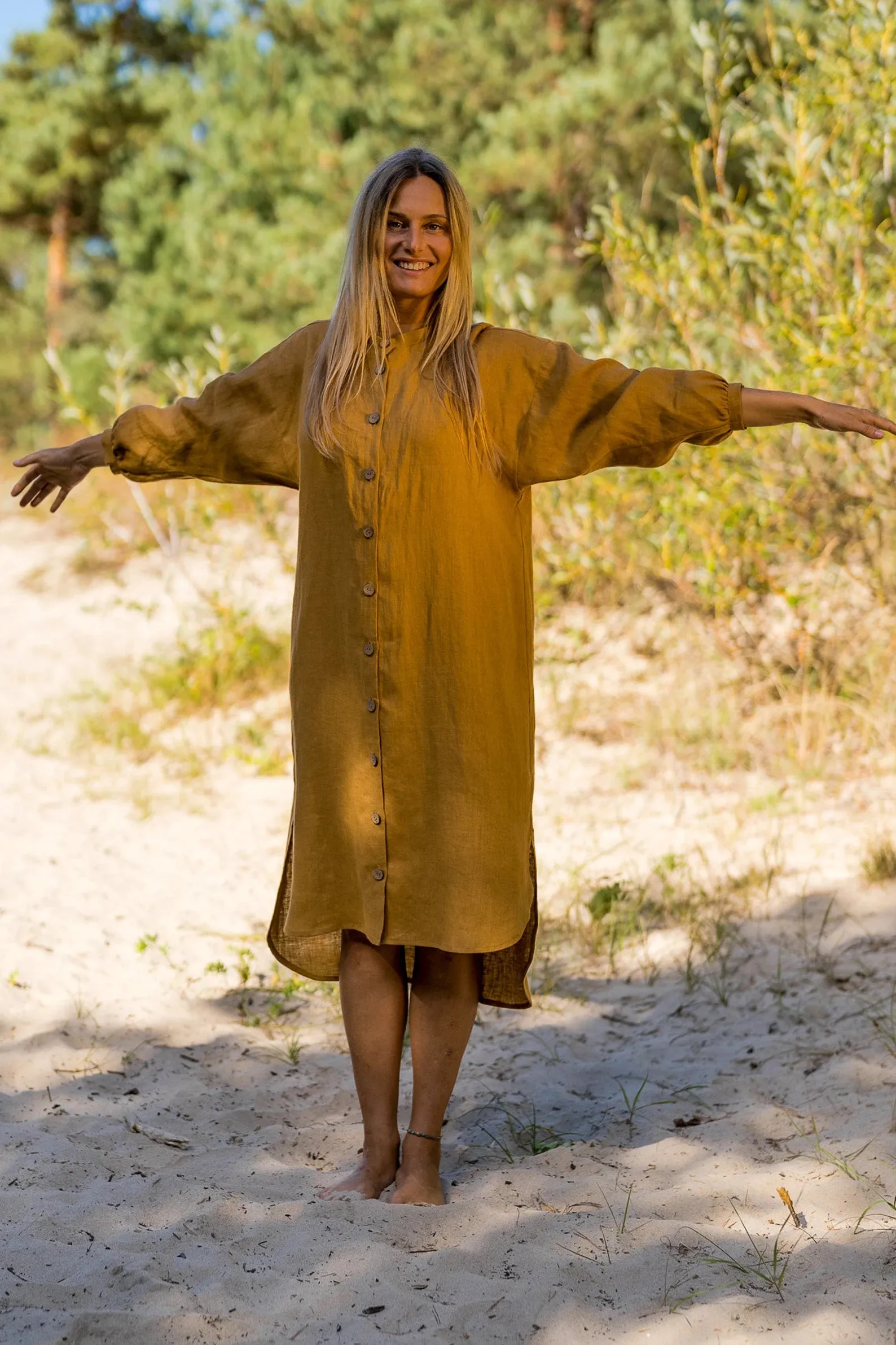 Linen Oversized Shirt-Dress NINA In Amber Yellow