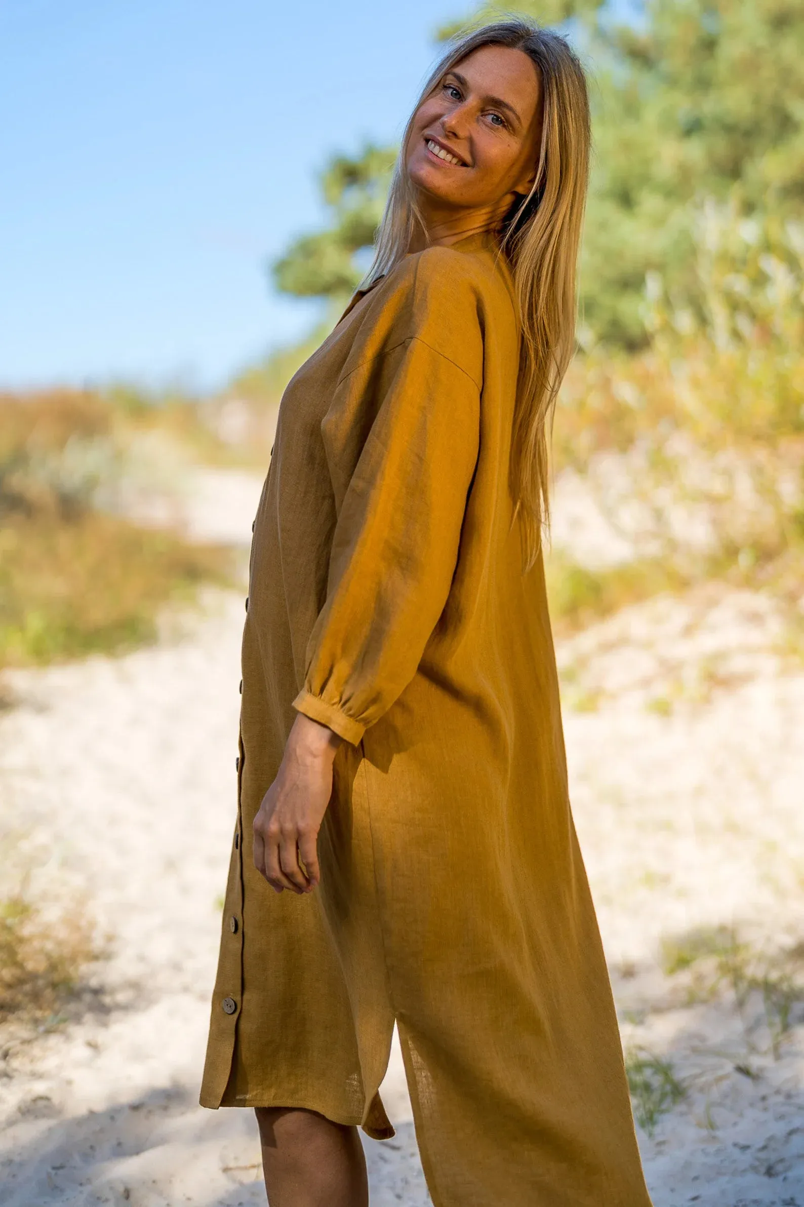 Linen Oversized Shirt-Dress NINA In Amber Yellow
