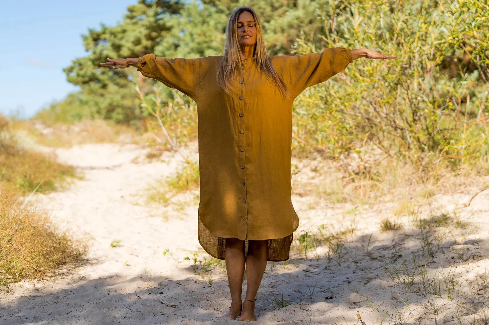 Linen Oversized Shirt-Dress NINA In Amber Yellow
