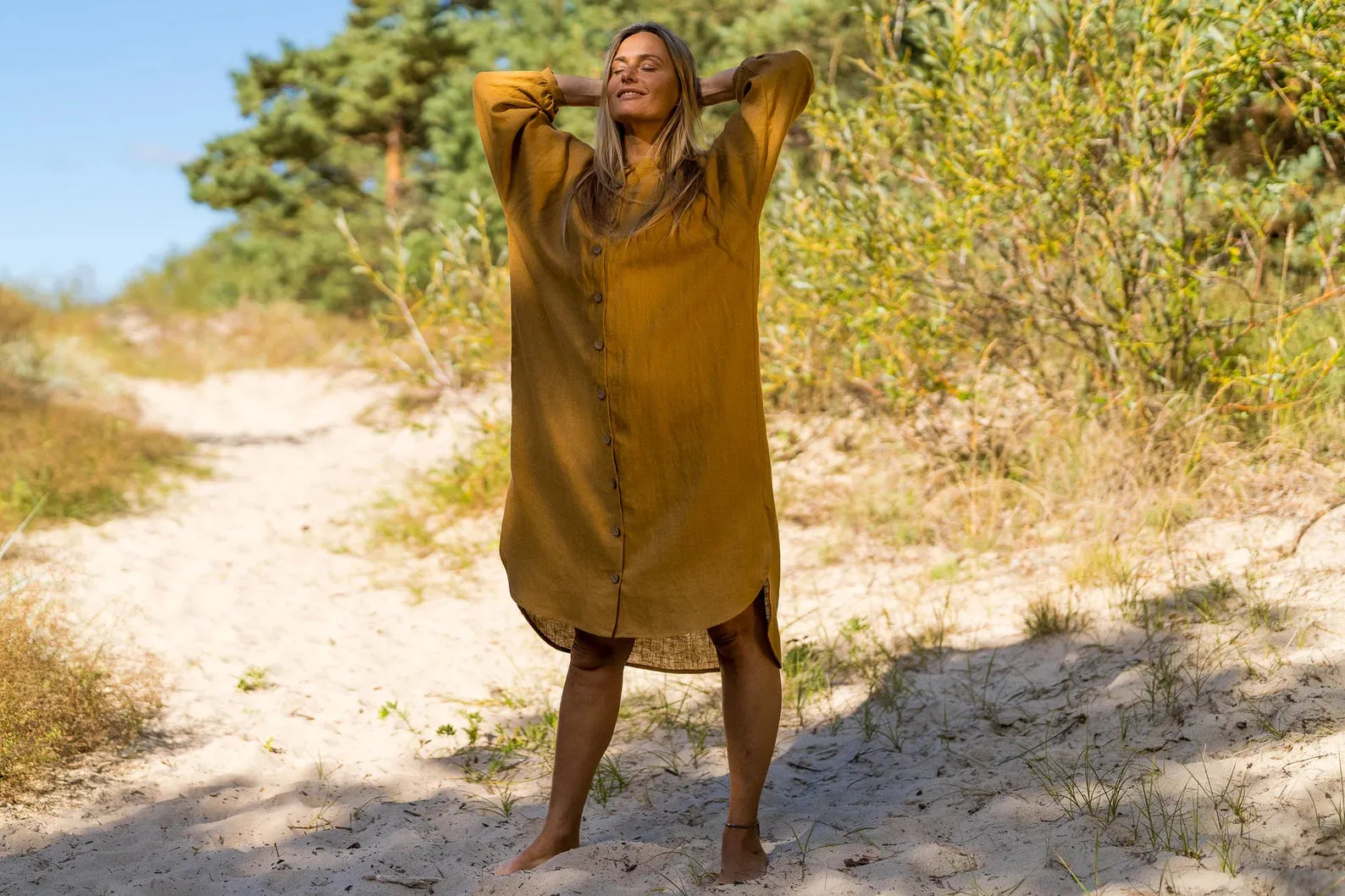 Linen Oversized Shirt-Dress NINA In Amber Yellow