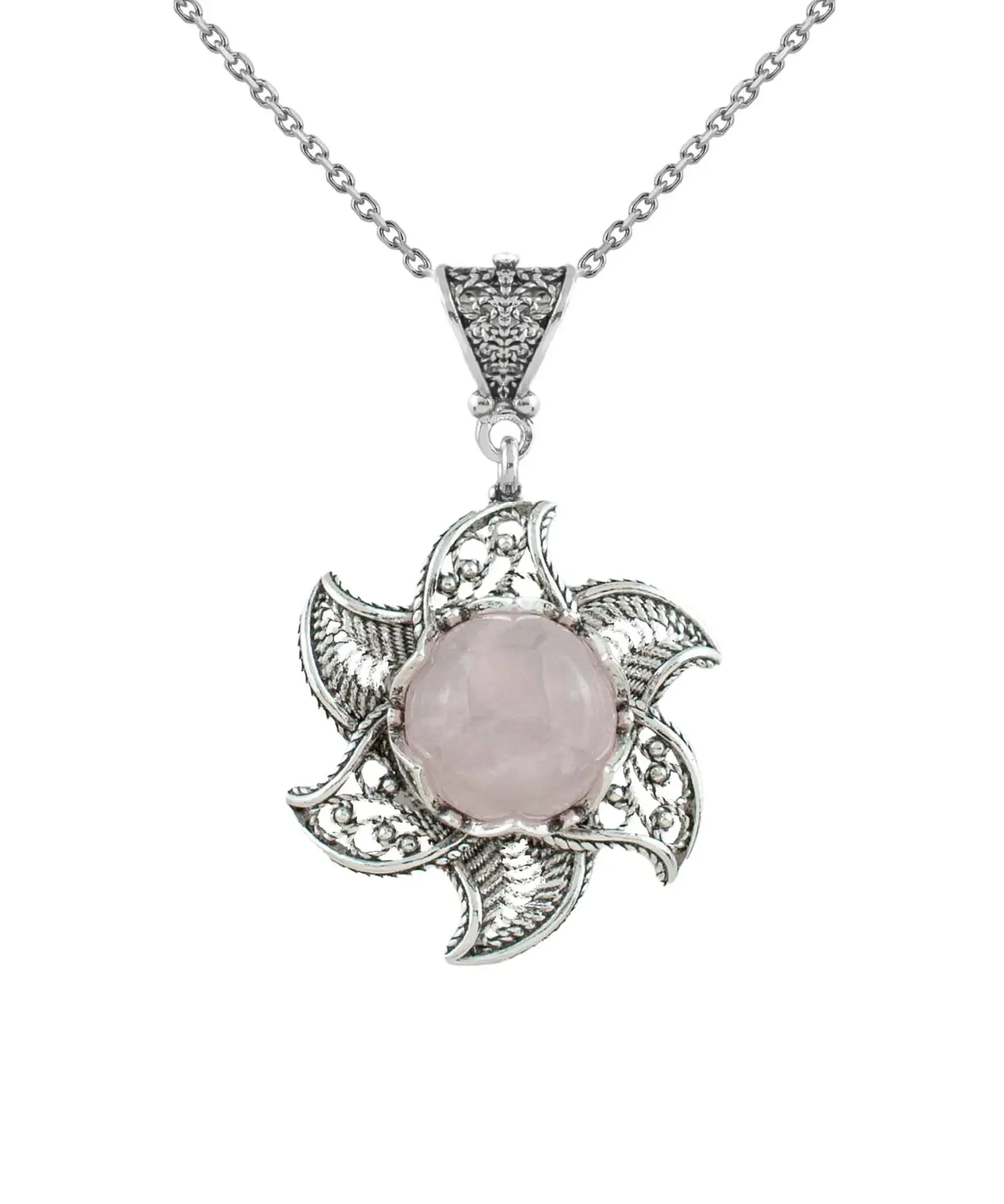 Lotus Elegance: Sterling Silver Filigree with Rose Quartz Pendant Necklace